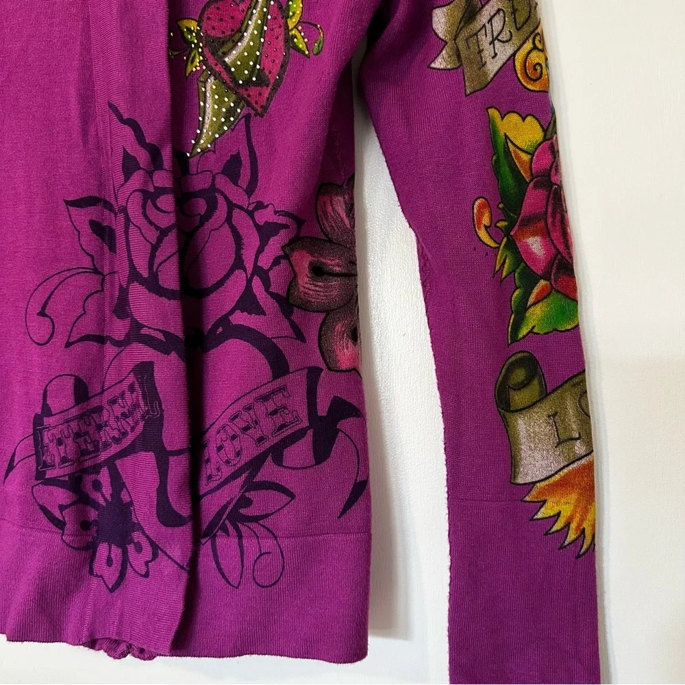 Ed Hardy Y2K Eternal Love Dagger Geisha Zip Front Hooded Cardigan Sweater XS